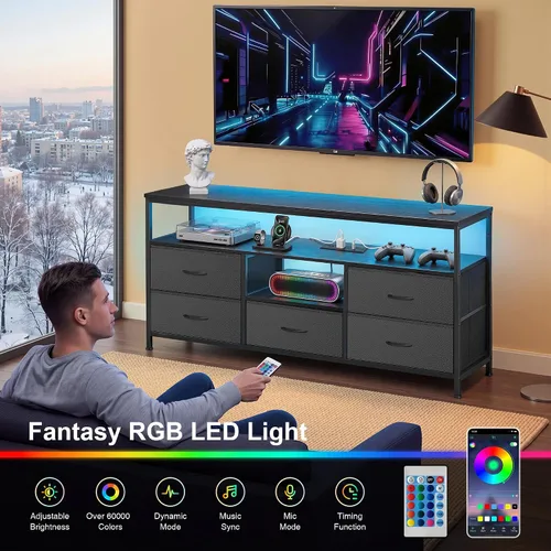 Miniatura 3 de Soporte de TV con luces LED y estación de carga, soporte de TV de 55 pulgadas para dormitorio, almacenamiento de cajones de tela, centro