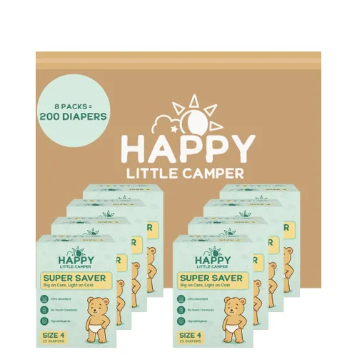 Happy Little Camper Pañales Super Saver, talla 4, 200 unidades | Pañales desechables económicos para pieles sensibles | Hipoalergénicos, sin