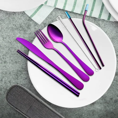 Miniatura 2 de Juego de utensilios de viaje con estuche, juego de cubiertos portátiles reutilizables de acero inoxidable, 8 piezas, incluyendo cuchillo de cena