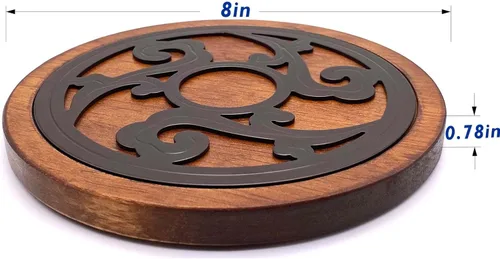 Miniatura 7 de Juego de salvamanteles de hierro fundido con madera de 2 piezas, salvamanteles de madera para platos calientes, almohadillas calientes de cocina