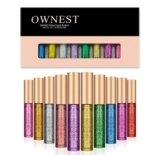 Ownest Delineador de ojos con purpurina líquida de 10 colores, sombra de ojos con purpurina metálica, delineador de ojos brillante impermeable de