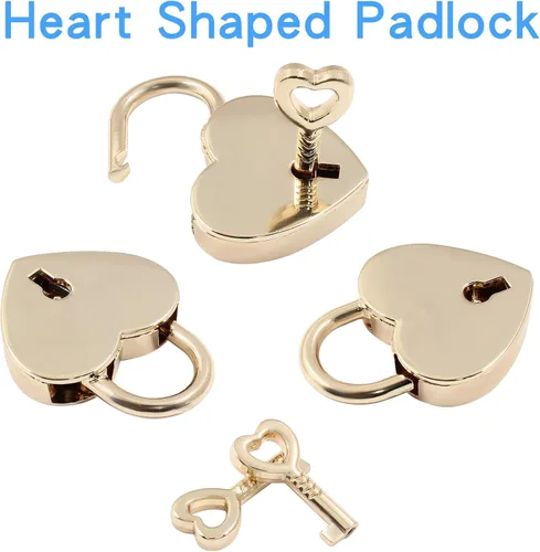 Miniatura 3 de Piutouyar 3 cerraduras en forma de corazón, candado de metal dorado, pequeño y lindo mini cerradura con llave para caja de almacenamiento de joyas