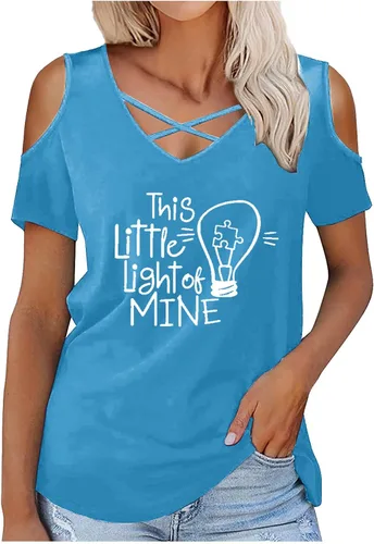 Iuhan Short Sleeve Graphic Shirts Tee Women Tops Fashion Loose Trendy Light Bulb Letter Print Cold Shoulder V Neck Blouse