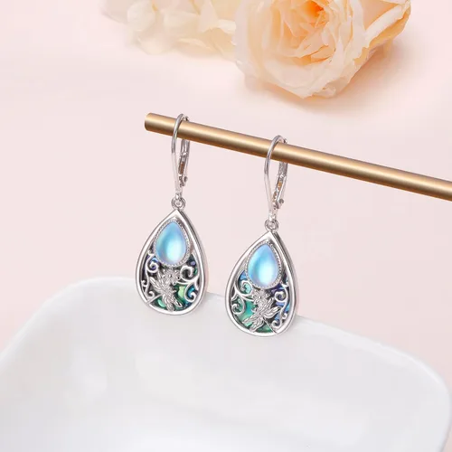 Miniatura 119 de Aretes colgantes de filigrana de plata de ley 925, margarita, loto, flor de rosa, piedra lunar, lágrima para mujer, nudo celta infinito, margarita