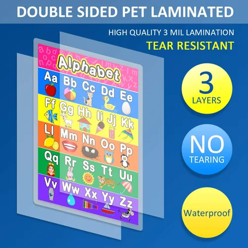 Miniatura 2 de Blulu Póster laminado preescolar para niños pequeños y niños, 2 piezas de póster laminado completo del alfabeto y número 1-100 para guardería