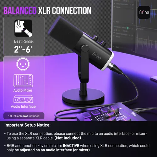 Miniatura 6 de FIFINE - Micrófono dinámico XLR/USB para podcasts, de transmisión de juegos con luz RGB, botón de silencio, conector para auriculares, soporte