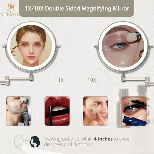 Miniatura 2 de Espejo de maquillaje recargable montado en la pared iluminado para el tocador de 20 centímetros de doble cara con aumento 1X 10, espejo de baño