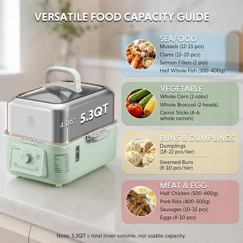 Miniatura 8 de BUYDEEM G52 - Vaporizador Eléctrico de Alimentos de 5.3 Cuartos de Galón para 2-4 Porciones, Vaporizador de Verduras para Cocinar, Mantiene Caliente