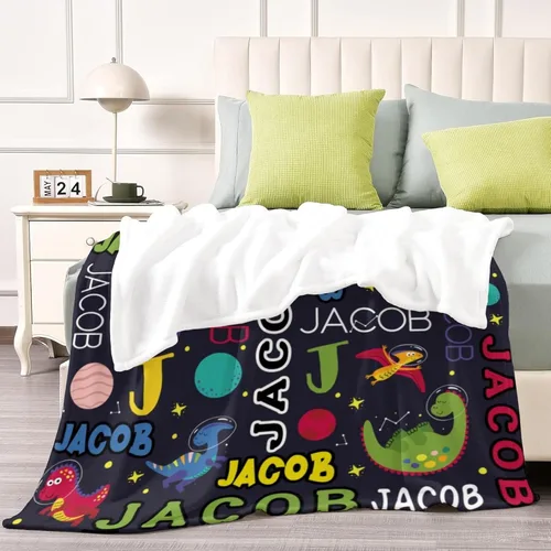 Miniatura 4 de YESCUSTOM Manta de dinosaurio para niños y niñas, manta personalizada de vellón con nombre para decoración de dormitorio de niños, sofá, coches