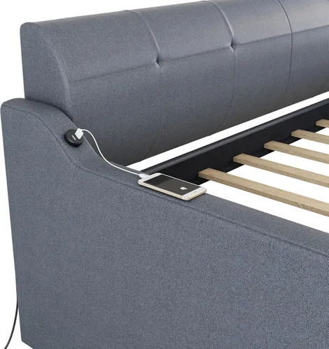Miniatura 4 de Sofá cama individual con nido, sofá cama de tapicería con diseño de carga USB, nido puede ser plano o erigido, gris