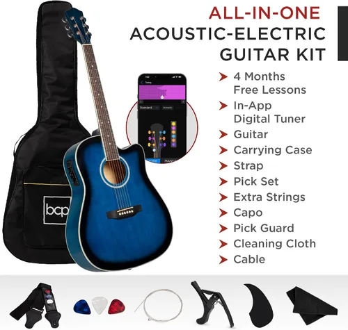 Miniatura 3 de Best Choice Products Juego de iniciación de guitarra acústica eléctrica para principiantes, de 41 pulgadas, con diseño de corte total en madera, Azul