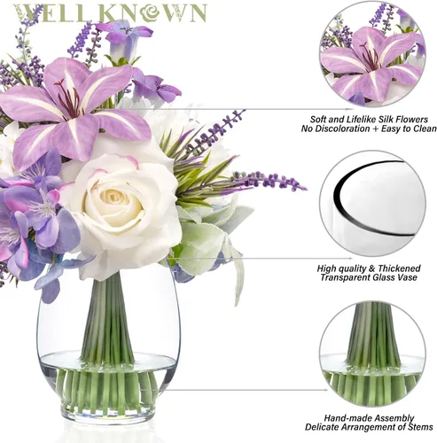 Miniatura 2 de WELL KNOWN Flores falsas en jarrón, flores artificiales con agua falsa, rosa de seda sintética de tacto real y tulipanes florecientes, flor