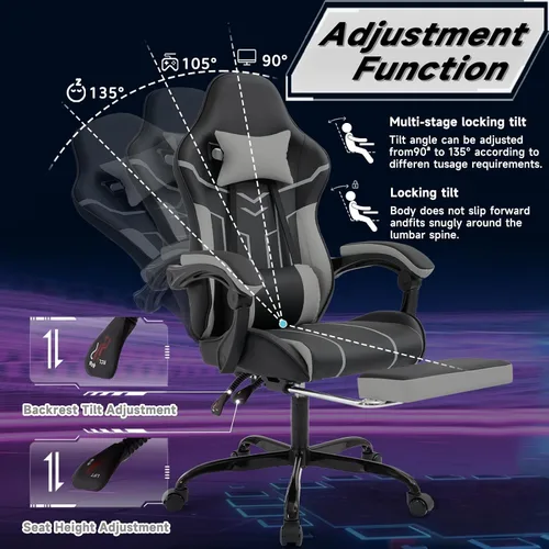 Miniatura 4 de Silla de juegos con reposapiés, silla de oficina ergonómica con soporte lumbar de masaje, silla de computadora de respaldo alto para adultos, sillas