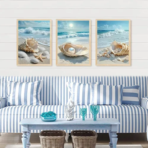Miniatura 2 de SYWENNOI 3 piezas de arte de pared de playa con marco de madera, juego de 3 impresiones costeras, conchas marinas, estrellas de mar, olas, orilla