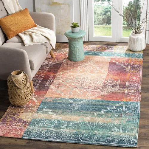 Miniatura 6 de SAFAVIEH Saffron Collection - Alfombra de pasillo de 2 pies 3 pulgadas x 8 pies, coral y aguamarina, hecha a mano de algodón desgastado bohemio