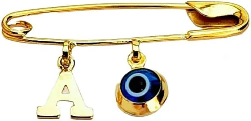 14k. Yellow Gold Baby Safety Pin Evil Eye & Initial Charms/Christening/Baptism/NOT Gold Filled NOT Gold Plated