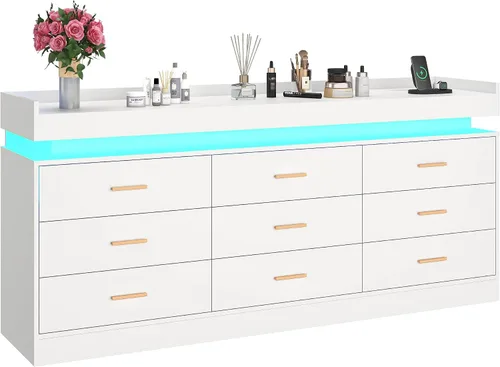 Miniatura 8 de Cómoda de 9 cajones con luz LED y estación de carga, cómoda moderna de 63 pulgadas para armario, armario organizador de cajones anchos para Blanco
