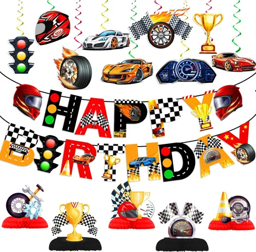LARRAZABAL Decoraciones de fiesta de cumpleaños de coche de carreras, decoraciones de fiesta de coche de carreras incluyen pancarta de coche de
