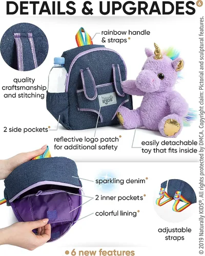 Miniatura 5 de Naturally KIDS Mochila para niños y niñas con animales de peluche, regalos para niños de 3, 4, 5, 6, 7 años, 01 Pequeño unicornio morado