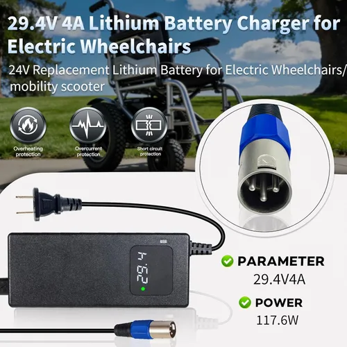 Miniatura 4 de Cargador de batería de 29.4V 4A Cargador de batería de litio de 24V para batería de iones de litio de 24V 7S Conector XLR de 3 pines, equipado