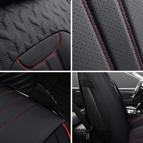 Miniatura 4 de LINGVIDO Funda de asiento de piel sintética (ajuste universal, línea roja negra), funda impermeable para asiento delantero de automóvil, SUV
