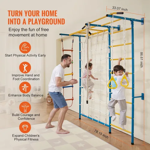 Miniatura 3 de VEVOR Gimnasio interior de la jungla para niños pequeños, juego de escalada 7 en 1 con escalera sueca de acero al carbono, escalera de pared, barra