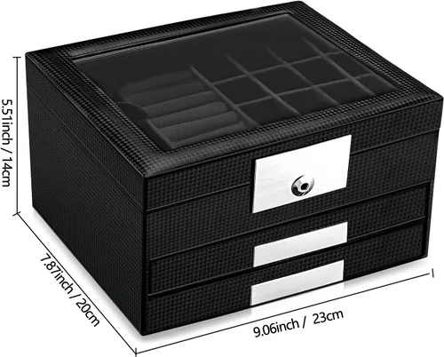 Miniatura 7 de Oyydecor Joyero con tapa de cristal, organizador de joyas de piel sintética de 3 niveles para mujer con 2 cajones, estuche de joyería de maquillaje