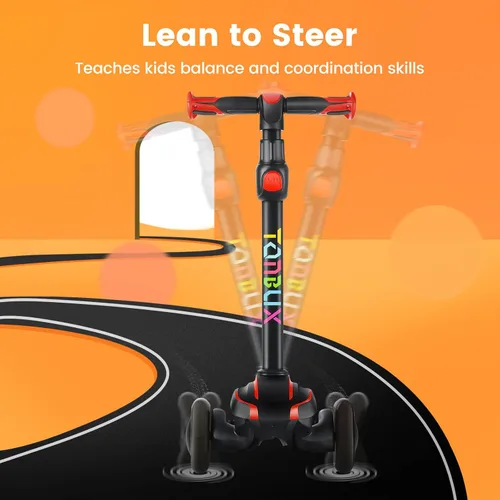 Miniatura 6 de TONBUX Patinete para niños de 3 a 12 años, patinete para niños pequeños con 4 alturas ajustables, patinete de 3 ruedas con luces, diseño de Rojo
