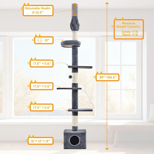 Miniatura 7 de Yaheetech Árbol para gatos, torre de piso a techo para gatos grandes, árbol de escalada alto ajustable de 89-104.5 pulgadas con postes rascadores