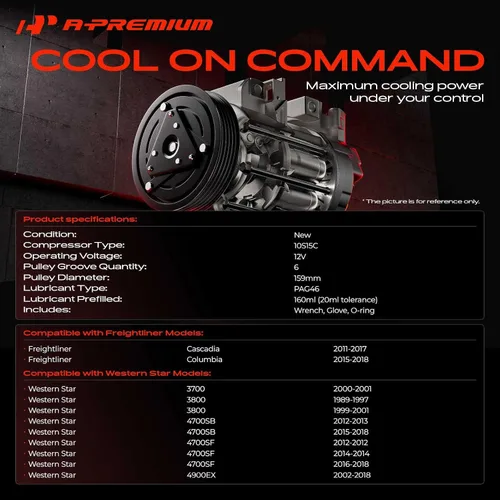 Miniatura 2 de A-Premium Compresor de aire acondicionado con embrague compatible con Freightliner Cascadia 2011-2017, Columbia 2015-2018 y Western Star 3700, 3800
