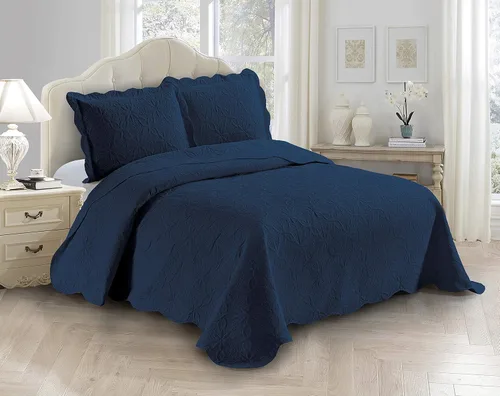 Fancy Linen - Juego de colcha de 3 piezas, de gran tamaño, diseño floral de margaritas en relieve, color liso, # Allison Azul marino