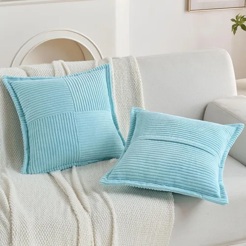 Miniatura 5 de HAUSSY Paquete de 2 fundas de almohada de 16 x 16 pulgadas, fundas decorativas de pana suave, estilo bohemio, a rayas, sólidas, decoración
