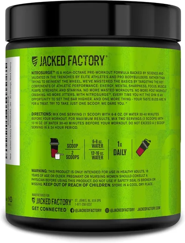 Miniatura 8 de Jacked Factory NITROSURGE Suplemento Pre Entrenamiento - Energía Sin Límites, Ganancias Instantáneas de Fuerza, Enfoque Claro y Bombeos Intensos