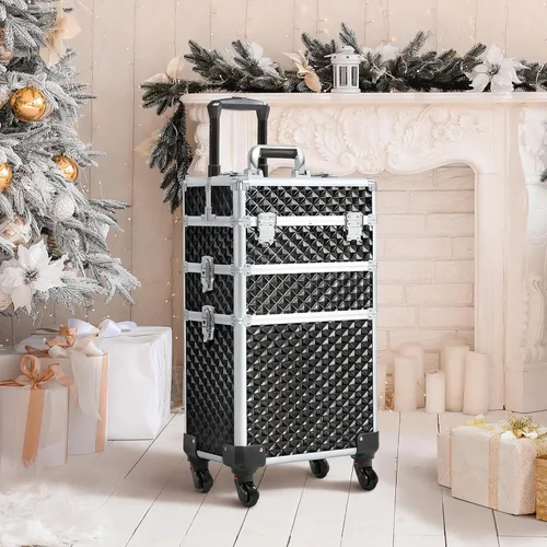 Miniatura 9 de Yaheetech Estuche de tren de maquillaje rodante 3 en 1, organizador de gran capacidad con ruedas giratorias, carrito cosmético para llaves para Negro