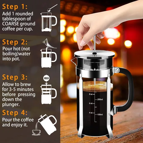 Miniatura 5 de YMMIND Cafetera de prensa francesa de acero inoxidable 304 con sistema de 4 filtros, vidrio de borosilicato resistente al calor, tetera de té libre