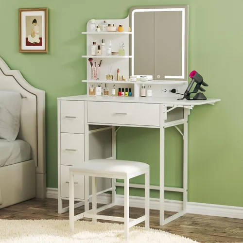 Miniatura 11 de ALEXNUTRE Escritorio de maquillaje con espejo y luces, pequeño tocador con cajón de almacenamiento de tela, silla y estantes, tocador con panel