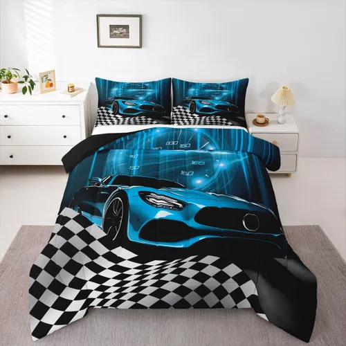 Miniatura 37 de Erosebridal Juego de edredón individual de motocicleta de carreras para niños, juego de ropa de cama de panal con luces de neón azules, motocross