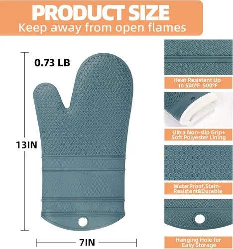 Miniatura 2 de YUTAT Silicone Oven Mitts,Heat Resistant 500F Kitchen Mitts 2PCS,Waterproof Cooking Gloves with Soft Polyester Filling for Kitchen Cooking Baking