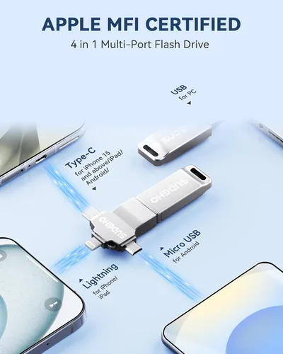 Miniatura 2 de Memoria USB USB con certificación MFi para iPhone, memoria externa 4 en 1 para ahorro de video y copia de seguridad (plata, 256 GB)