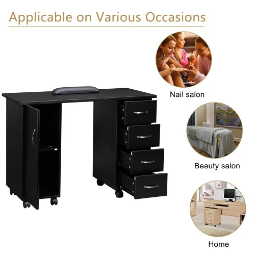 Miniatura 2 de Mesa rodante de manicura, estación de escritorio de uñas, estación de manicura para salón de belleza, equipo de arte de uñas con 4 cajones y Negro