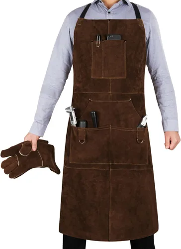 Miniatura 5 de eletecpro Delantal de Cuero de Trabajo Pesado para Soldadura de Cuero Genuino de Vaca Resistente a Llamas y Calor Ajustable 42L x 24A con 6 Marrón