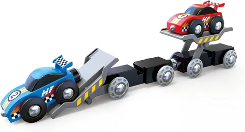Miniatura 5 de Hape Transportador de autos de carreras Juego de transporte de autos de tren de juguete de madera de seis piezas para niños