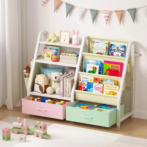 Miniatura 8 de Estantería para niños y organizador de juguetes Twinkoo, estante resistente de 3 niveles, estantería con bandeja y 2 contenedores de juguetes