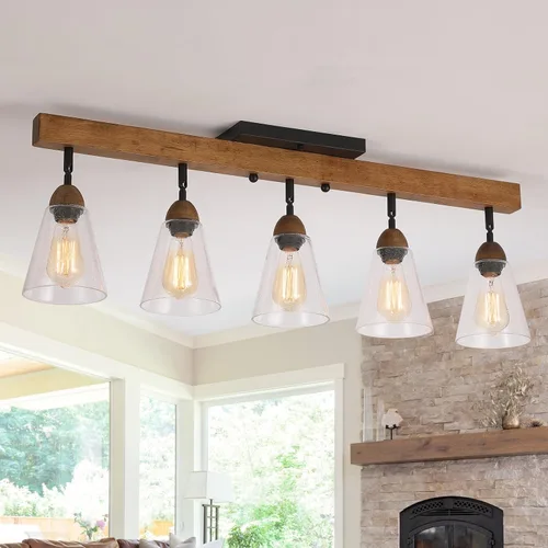 Miniatura 9 de Lámpara de techo rústica de cristal empotrado, mini pantalla de vidrio transparente y madera de roble, lámpara de techo semiempotrada para cocina