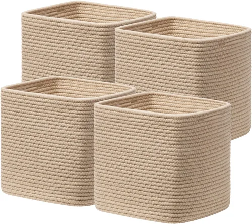 Miniatura 10 de joybest Juego de 4 cubos de almacenamiento de 11 pulgadas, canasta organizadora tejida de cuerda de algodón para estantes, cubos cuadrados, Beige