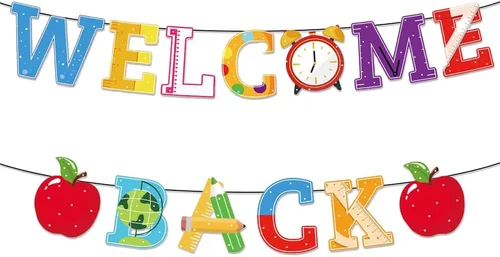 Cartel de regreso a clases con texto en inglés "Welcome Back Words" para colgar en el día de regreso a la escuela, decoración de fiesta para el