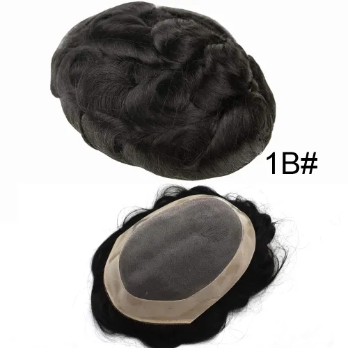 LHC Peluca monofilamento tipo tupé fina para hombre, piel de polietileno alrededor del cabello, color negro y marrón, sistema de cabello humano