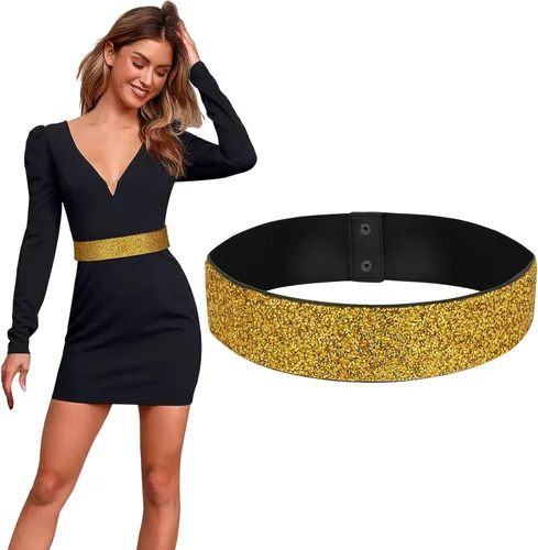 Miniatura 7 de WERFORU Cinturón de vestir elástico ancho con diamantes de imitación para mujer, cinturón de cintura de fiesta brillante