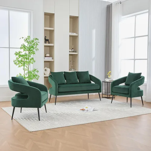 Juego de 1 sofá biplaza pequeño y 2 sillas decorativas, juego de sofá y sillón de 3 piezas para sala de estar, moderno sofá de terciopelo con silla