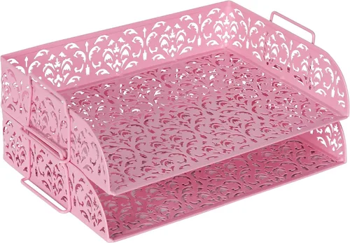 Miniatura 9 de EasyPAG, charola para escritorio de 2 niveles para cartas, diseño calado de flores, Negro
